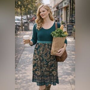 Prana Teal and Gold Long Sleeve Dress